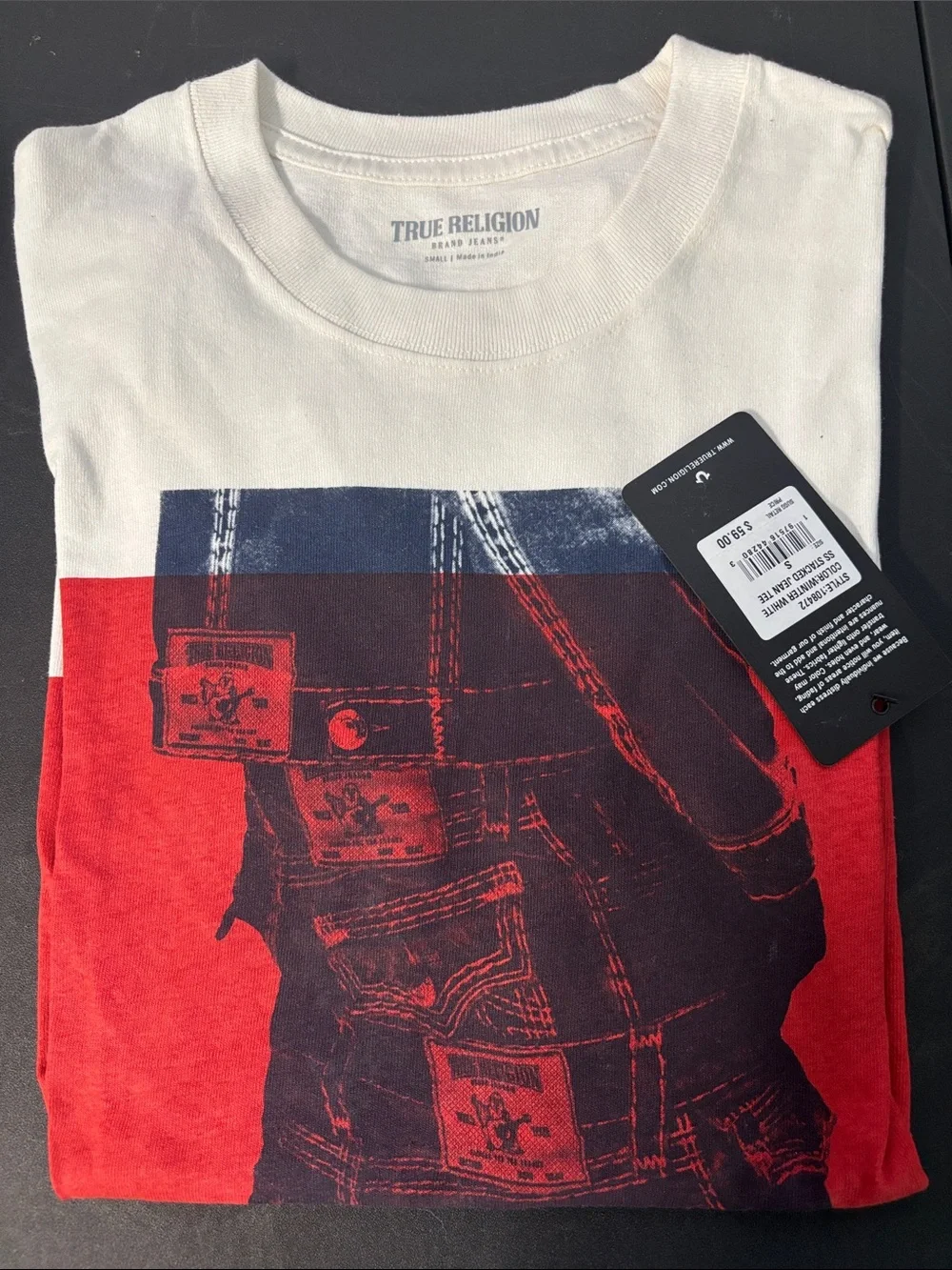 NWT True Religion Men’s Cream Graphic Crewneck T-Shirt with Red and Blue Print